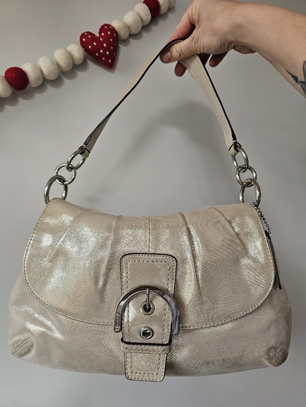 Coach F17217 Soho Flap Metallic Shimmer Champagne Gold Shoulder Bag *Read Cond